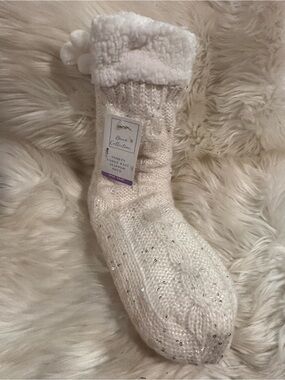 Sequin Cable-knit Slipper Sock Sherpa Lined